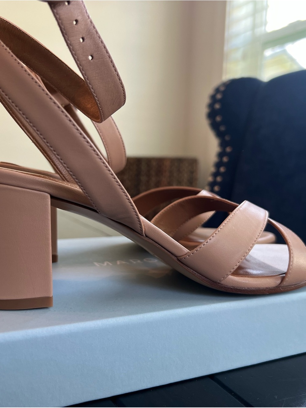Margaux Nude Pink Leather Strappy Block Heels